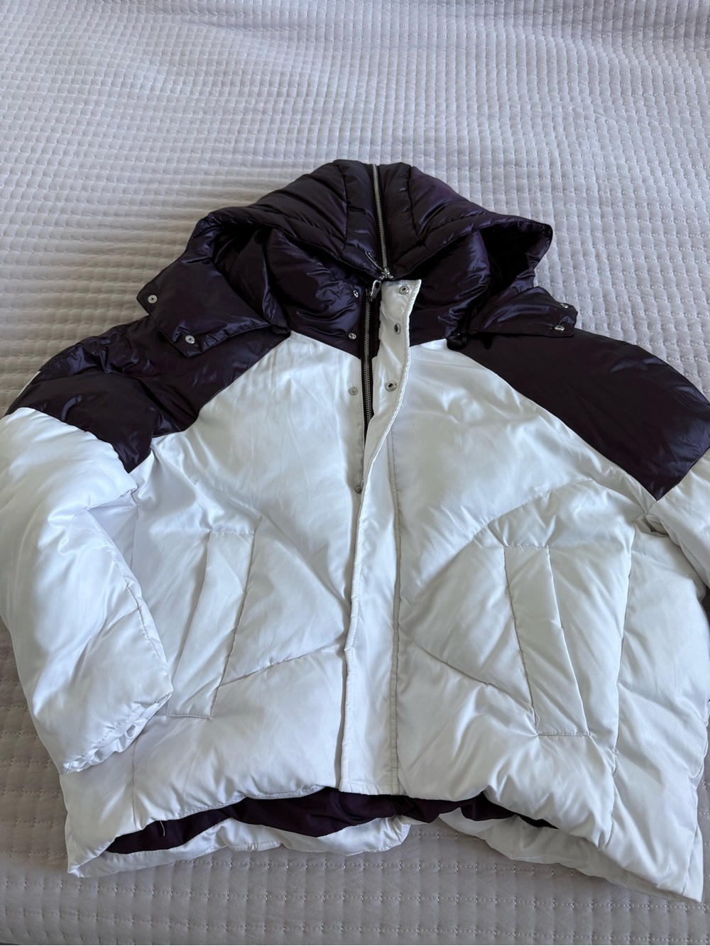 Women's White and Dark Purple Puffer Jacket